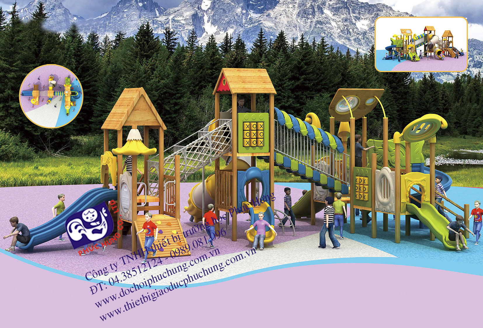 Nhà-liên-hoàn-cầu-trượt-gỗ-PHYC-Q001 nhà chơi liên hoàn cầu trượt gỗ